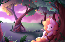 Size: 2205x1444 | Tagged: safe, artist:scarlet-spectrum, pear butter, earth pony, pony, g4, my little pony: friendship is magic, the perfect pear, acoustic guitar, apple, apple tree, cloud, eyes closed, female, food, guitar, intertwined trees, mare, musical instrument, night, pear, pear tree, smiling, solo, stars, tree