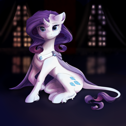 Size: 1900x1900 | Tagged: safe, artist:peachmayflower, rarity, classical unicorn, pony, unicorn, g4, cape, clothes, cloven hooves, curved horn, female, horn, leonine tail, looking at you, mare, smiling, solo, tail, unshorn fetlocks