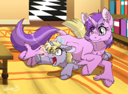 Size: 1700x1250 | Tagged: safe, artist:inuhoshi-to-darkpen, amethyst star, dinky hooves, sparkler, pony, unicorn, fanfic:the new life of a winning pony, winningverse, g4, bookshelf, carpet, cute, dinkabetes, dock, duo, duo female, eye clipping through hair, fanfic art, female, filly, fluffy, foal, horn, house, lying down, mare, open mouth, prone, sibling rivalry, sibling teasing, siblings, signature, sisters, smiling, sports, tail, underhoof, unshorn fetlocks, wrestling