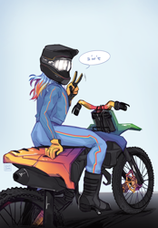 Size: 1256x1800 | Tagged: safe, artist:chimchiri, rainbow dash, human, g4, female, helmet, humanized, looking at you, looking back, looking back at you, motorcycle, motorcycle helmet, outdoors, peace sign, pictogram, solo, speech bubble