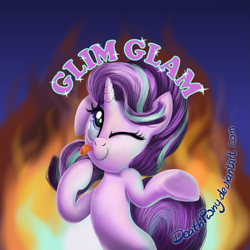 Size: 1071x1071 | Tagged: safe, artist:deathpwny, starlight glimmer, pony, unicorn, g4, cute, female, fire, glim glam, glimmerbetes, horn, mare, one eye closed, silly, silly pony, solo, tongue out, wink