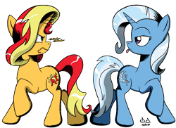 Size: 1299x945 | Tagged: safe, artist:doppiad-doubled, sunset shimmer, trixie, pony, unicorn, g4, angry, female, horn, i can't believe it's not idw, mare, rivals, sassy, simple background, style emulation, tongue out, transparent background, vector