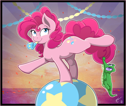 Size: 1980x1673 | Tagged: safe, artist:crimson-mane, artist:joey darkmeat, gummy, pinkie pie, alligator, earth pony, pony, g4, balancing, ball, confetti, duo, female, male, mare, party horn, signature