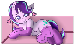 Size: 2248x1404 | Tagged: safe, artist:anykoe, starlight glimmer, unicorn, semi-anthro, g4, arm hooves, clothes, colored pupils, cute, female, glimmerbetes, heart, heart eyes, horn, human shoulders, looking at you, lying down, mare, socks, solo, thigh highs, wingding eyes