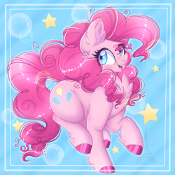 Size: 2449x2449 | Tagged: safe, artist:pvrii, pinkie pie, earth pony, pony, g4, chest fluff, colored hooves, cute, diapinkes, ear fluff, female, happy, hooves, leg fluff, open mouth, solo, stars