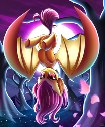 Size: 2400x2900 | Tagged: safe, artist:kaleido-art, fluttershy, bat pony, pony, g4, bat ponified, fangs, female, flutterbat, full moon, looking at you, mare, moon, petals, prehensile tail, race swap, scenery, solo, tail, underhoof, upside down