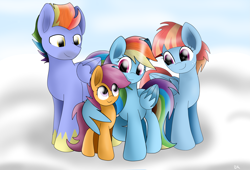 Size: 2969x2019 | Tagged: safe, artist:enviaart, bow hothoof, rainbow dash, scootaloo, windy whistles, pegasus, pony, g4, cloud, cute, family, father, father and child, father and daughter, female, filly, foal, happy, hug, male, mare, missing accessory, mother, mother and child, mother and daughter, offspring, parent:bow hothoof, parent:windy whistles, parents:windyhoof, scootadoption, scootalove, siblings, sisters, stallion, winghug, wings