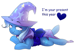 Size: 2549x1777 | Tagged: safe, artist:starlyfly, trixie, pony, unicorn, g4, bow, cape, clothes, colored pupils, cute, diatrixes, female, gift wrapped, hat, horn, lidded eyes, lying down, mare, prone, simple background, solo, transparent background, trixie's cape, trixie's hat