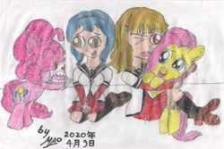 Size: 8184x5464 | Tagged: safe, artist:mao2018, fluttershy, pinkie pie, earth pony, human, pegasus, pony, g4, anime, cupcake, emiri katou, female, food, group, himawari furutani, hug, human female, one eye closed, quartet, sakurako omori, signature, simple background, suzuko mimori, traditional art, voice actor joke, white background, yuru yuri