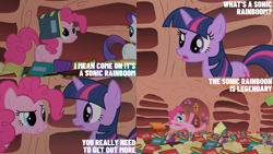 Size: 2000x1125 | Tagged: safe, edit, edited screencap, editor:quoterific, screencap, pinkie pie, rarity, twilight sparkle, earth pony, pony, unicorn, g4, my little pony: friendship is magic, sonic rainboom (episode), book, golden oaks library, indoors, scroll, unicorn twilight