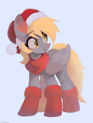 Size: 1536x2048 | Tagged: safe, artist:unclechai, derpibooru exclusive, derpy hooves, pegasus, pony, g4, christmas, clothes, cute, derp, derpabetes, female, hat, holiday, hoof shoes, mare, red socks, santa hat, simple background, smiling, socks, solo