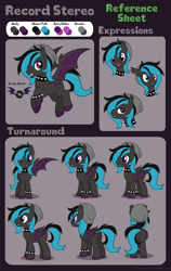 Size: 1752x2772 | Tagged: safe, artist:sunbusting, oc, oc only, oc:record stereo, bat pony, annoyed, bat pony oc, beanie, bracelet, choker, color palette, colored hooves, colored wings, cutie mark, ear tufts, expressions, fangs, flying, folded wings, gray background, hat, hooves, jewelry, male, one wing out, purple eyes, purple hooves, reference sheet, show accurate, simple background, spiked choker, spiked wristband, spread wings, stallion, standing, two toned wings, unshorn fetlocks, wings, wristband