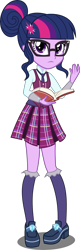 Size: 1435x4500 | Tagged: safe, artist:megalayed, sci-twi, twilight sparkle, human, equestria girls, g4, book, clothes, crystal prep academy, crystal prep academy uniform, female, frilly socks, glasses, hair bun, necktie, plaid skirt, pleated skirt, reading, sad, school tie, school uniform, schoolgirl, shoes, simple background, skirt, socks, solo, transparent background