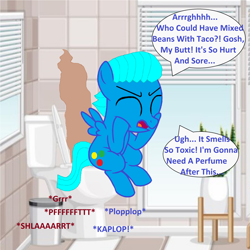 Size: 3000x3000 | Tagged: safe, artist:memeartboi, pegasus, pony, g4, aftermath, bathroom, but why, colt, eyes closed, fart, fart cloud, foal, gumball watterson, imminent flush, implied diarrhea, implied farting, implied pooping, indoors, male, moaning, moaning in pain, onomatopoeia, open mouth, pain, pegasus wings, ponified, pushing, sitting, sitting on toilet, solo, sound effects, speech bubble, spread wings, struggle, struggling, suffering, taco bell, text, the amazing world of gumball, toilet, toilet humor, trash can, ugh, uncomfortable, wings