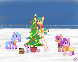 Size: 1080x856 | Tagged: safe, artist:heart k art, hitch trailblazer, izzy moonbow, pipp petals, sunny starscout, zipp storm, earth pony, pegasus, pony, spider, unicorn, series:heart k art g5 advent calendar, g5, advent calendar, bauble, christmas, christmas lights, christmas tree, clothes, decorating, decoration, female, garland, holiday, horn, ladder, male, mane five, mare, maretime bay, night, night sky, outdoors, prank, railing, scarf, sky, snow, stallion, stars, tree, winter, winter outfit