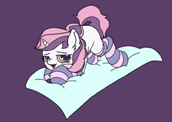 Size: 1092x773 | Tagged: safe, anonymous artist, oc, oc only, oc:sweetieck dreams, pony, unicorn, g4, broom, butt, clothes, colored hooves, cute, eyelashes, female, filly, foal, hooves, horn, not sweetie belle, orange eyes, socks, solo, striped socks, tail, two toned mane, two toned tail, unicorn horn, upside down