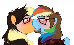 Size: 2048x1253 | Tagged: safe, artist:binturongboss, applejack, rainbow dash, earth pony, human, pegasus, pony, g4, blushing, bust, clothes, duo, female, gay, glasses, human to pony, kiss on the lips, kissing, lesbian, male, portrait, ship:appledash, shipping, simple background, transformation, transgender transformation, white background