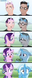 Size: 1720x4128 | Tagged: safe, artist:axiomtf, artist:zeydaan, starlight glimmer, trixie, human, pony, unicorn, g4, bust, character to character, comic, duo, fake ears, female, glasses, high res, horn, human male, human to pony, light skin, male, male to female, mare, moderate dark skin, portrait, rule 63, show accurate, transformation, transformation sequence, transgender transformation