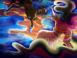 Size: 1600x1200 | Tagged: safe, artist:laachrymose, nightmare moon, princess celestia, alicorn, pony, g4, female, flying, magic, mare