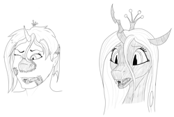 Size: 2114x1421 | Tagged: safe, artist:settop, queen chrysalis, changeling, changeling queen, human, g4, bust, human to changeling, open mouth, portrait, simple background, sketch, surprised, transformation