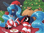 Size: 4740x3568 | Tagged: safe, artist:dandy, princess luna, alicorn, pony, g4, belt, bow, butt, butt focus, candy, candy cane, chest fluff, christmas, christmas outfit, christmas tree, clothes, cookie, copic, ear fluff, eyeshadow, female, folded wings, food, hat, high res, holiday, horn, indoors, licking, looking at you, lying down, magic, magic aura, makeup, mare, moonbutt, plot, present, santa hat, shoes, skirt, socks, solo, spilled milk, striped socks, suggestive eating, sultry pose, telekinesis, tongue out, traditional art, tree, wings