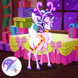 Size: 2500x2500 | Tagged: safe, artist:rurihal, starlight glimmer, trixie, deer, deer pony, hybrid, original species, pony, reindeer, unicorn, g4, antlers, blood, butt, chest fluff, clothes, deerified, deerlight glimmer, doe, ear fluff, featureless crotch, female, glimmer glutes, hat, high res, horn, implied transformation, indoors, jingle bells, looking back, mare, nosebleed, plot, present, reindeerified, species swap, starlight glimmer is not amused, tail, tail fluff, trixie's hat, unamused