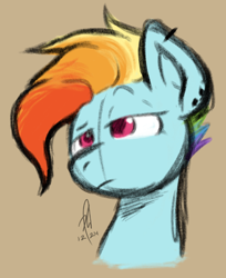 Size: 730x896 | Tagged: safe, artist:hopefulsparks, rainbow dash, g4, alternate hairstyle, bust, ear piercing, female, lesbian, mugshot, piercing, raw sex appeal, short hair, signature, simple background, sketch