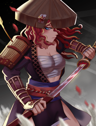 Size: 3150x4150 | Tagged: safe, artist:tzc, sunset shimmer, equestria girls, g4, anime, breasts, female, ghost of tsushima, katana, samurai, sword, weapon