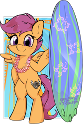 Size: 2000x2987 | Tagged: safe, artist:earth-pony, artist:midnightpremiere, artist:taurson, scootaloo, pegasus, pony, g4, alternate cutie mark, bipedal, cute, cutealoo, female, filly, foal, lei, smiling, solo, surfboard