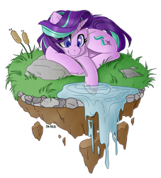 Size: 2997x3300 | Tagged: safe, artist:sk-ree, starlight glimmer, pony, unicorn, g4, cute, dirt cube, female, floating island, glimmerbetes, horn, lying down, mare, prone, simple background, smiling, solo, transparent background, unshorn fetlocks, water