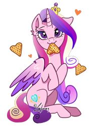 Size: 1128x1491 | Tagged: safe, artist:lailyren, princess cadance, alicorn, pony, g4, :3, blushing, cute, cutedance, digital art, female, food, heart, looking at you, mare, one ear down, signature, simple background, smiling, solo, transparent background, waffle