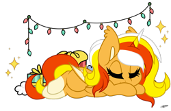 Size: 1600x1037 | Tagged: safe, artist:princessmoonsilver, oc, oc:figgment, alicorn, bat pony, bat pony alicorn, pony, bat wings, christmas, christmas lights, female, holiday, horn, mare, simple background, sleeping, solo, transparent background, wings