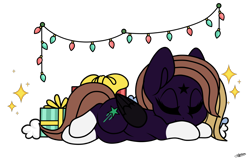 Size: 1600x1037 | Tagged: safe, artist:princessmoonsilver, oc, oc:nega, pegasus, pony, christmas, christmas lights, female, holiday, mare, simple background, sleeping, solo, transparent background