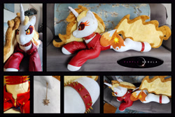 Size: 5896x3968 | Tagged: safe, artist:purplenebulastudios, daybreaker, alicorn, pony, g4, choker, clothes, indoors, irl, jacket, leather, leather jacket, photo, plushie, solo, spiked choker, spiked wristband, wristband