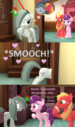 Size: 1920x3240 | Tagged: safe, artist:red4567, big macintosh, marble pie, sugar belle, earth pony, pony, unicorn, 3d, accidental kiss, accidental shipping, blushing, female, hearth's warming eve, horn, humor, implied kissing, indoors, kissing, lesbian, male, mistletoe, oops, ship:marbelle, ship:marblemac, ship:sugarmac, shipping, snickering, source filmmaker, straight, thinking