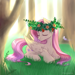 Size: 3000x3000 | Tagged: safe, artist:niia56, fluttershy, butterfly, pegasus, pony, g4, colored hooves, crepuscular rays, cute, eyes closed, female, floral head wreath, flower, folded wings, grass, hooves, lying down, mare, outdoors, prone, shyabetes, smiling, solo, three quarter view, tree, turned head, unshorn fetlocks, wings