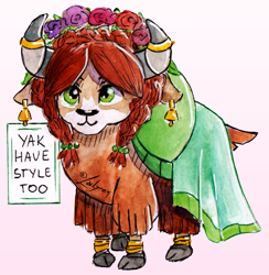 Size: 1006x1029 | Tagged: safe, artist:lailyren, yona, yak, g4, bell, bracelet, clothes, cloven hooves, cute, dress, ear piercing, earring, fashion, female, floral head wreath, flower, horn, horn jewelry, horn ring, jewelry, piercing, quadrupedal, ring, sign, simple background, solo, style, text, traditional art, watercolor painting, yonadorable