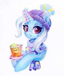 Size: 1252x1500 | Tagged: safe, artist:maytee, trixie, pony, unicorn, g4, beanie, bust, clothes, colored pencil drawing, cute, diatrixes, drink, hat, horn, magic, portrait, punsch (alcohol), scarf, smiling, telekinesis, traditional art