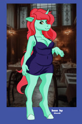 Size: 2400x3600 | Tagged: safe, artist:ihoundr, artist:miipack603, oc, oc:erika pebblebrook, unicorn, anthro, unguligrade anthro, anthro oc, bare shoulders, base used, belly, breasts, chubby, cleavage, clothes, cocktail dress, collarbone, detailed background, dress, fat, female, hand, hooves, horn, indoors, mare, passepartout, plump, red mane, red tail, shading, short dress, smiling, tail, tight clothing, unicorn oc, yellow eyes