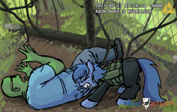 Size: 606x384 | Tagged: safe, artist:plunger, oc, oc:anon, human, pony, armor, biting, female, male, mare, outdoors, police, police pony