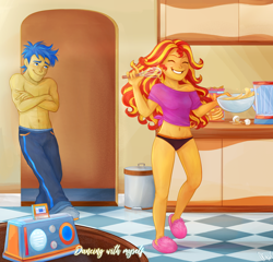 Size: 1764x1694 | Tagged: safe, artist:mn27, flash sentry, sunset shimmer, equestria girls, g4, abs, adorasexy, belly, belly button, black underwear, clothes, commission, cute, dancing, duo, eyes closed, female, male, morning, nudity, panties, partial nudity, sexy, ship:flashimmer, shipping, short shirt, slippers, smiling, sockpuppeting in the comments, straight, topless, underwear, whisk