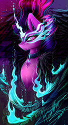 Size: 1769x3257 | Tagged: safe, artist:hjartpieces, artist:purediamond360, sci-twi, twilight sparkle, alicorn, pony, equestria girls, g4, black wings, burning, bust, element of magic, equestria girls ponified, feather, fire, glare, jewelry, looking at you, mane, menacing, midnight sparkle, necklace, ponified, portrait, solo, wings