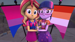 Size: 828x465 | Tagged: safe, sci-twi, sunset shimmer, twilight sparkle, equestria girls, g4, 3d, bisexual pride flag, female, lesbian, lesbian pride flag, pride, pride flag, ship:sci-twishimmer, ship:sunsetsparkle, shipping, source filmmaker