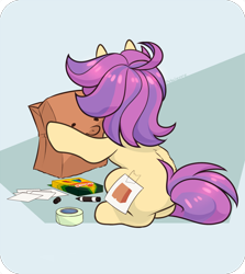 Size: 1552x1742 | Tagged: safe, artist:petalierre, oc, oc:paper bag, earth pony, pony, back fluff, bag, crayon, face not visible, facing away, fake cutie mark, female, mare, marker, paper, paper bag, rear view, tape, unmasked