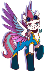 Size: 1880x2800 | Tagged: safe, artist:cckittycreative, zipp storm, pegasus, pony, g5, my little pony: a new generation, clothes, female, goggles, mare, raised hoof, simple background, smiling, solo, spoilers in description, spread wings, transparent background, uniform, wings, wonderbolts uniform