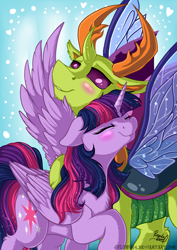 Size: 2893x4092 | Tagged: safe, artist:julunis14, thorax, twilight sparkle, alicorn, changedling, changeling, pony, g4, antlers, blushing, chest fluff, chin fluff, eyes closed, female, heart, hoof fluff, king thorax, leg fluff, male, mare, ship:twirax, shipping, smiling, spread wings, straight, twilight sparkle (alicorn), wing fluff, wings