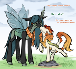 Size: 1100x1000 | Tagged: safe, alternate version, artist:purplegrim40, autumn blaze, queen chrysalis, changeling, kirin, g4, alternate design, autumn chrysalis, clothes, crack shipping, curly hair, curly mane, duo, female, holeless, interspecies, kissing, leonine tail, lesbian, scarf, shipping, tail, what if