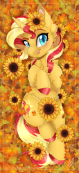 Size: 3369x7407 | Tagged: safe, artist:pvrii, sunset shimmer, pony, unicorn, g4, autumn, chest fluff, cloven hooves, colored hooves, cute, cutie mark, ear fluff, female, flower, flower in hair, hooves, horn, leaf, leg fluff, looking at you, lying down, mare, on back, shimmerbetes, smiling, solo, sunflower, tongue out