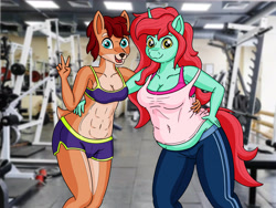 Size: 3600x2700 | Tagged: safe, artist:miipack603, oc, oc:erika pebblebrook, oc:rianne, deer, pony, anthro, unguligrade anthro, abs, anthro oc, breasts, cel shading, cleavage, clothes, collarbone, deer oc, detailed background, doe, female, gym, gym equipment, gym shorts, hand on hip, hand on waist, horn, hug, markings, midriff, non-pony oc, pants, peace sign, red mane, red tail, selfie, shading, smiling, sports bra, tail, tank top, thick, underbelly, workout outfit, yellow eyes, yoga pants