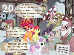 Size: 1440x1080 | Tagged: safe, artist:bronybyexception, apple bloom, applejack, big macintosh, caramel, fluttershy, pinkie pie, scootaloo, spoiled rich, sweetie belle, g4, advent calendar, antlers, charity, christmas, christmas decoration, clothes, costume, hat, holiday, santa costume, santa hat, scarf, scootadeer, sharpie, stopped time, time stop, winter